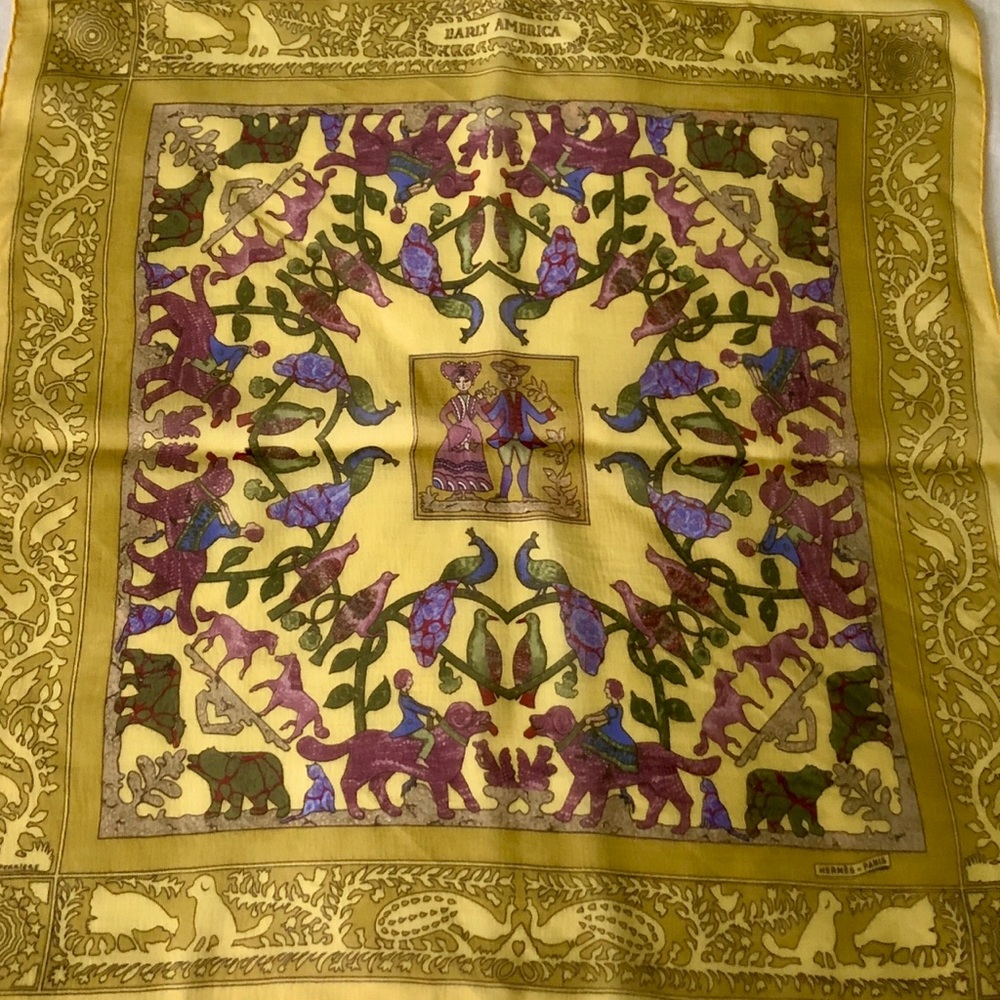 Vintage Hermès Silk Mousseline Scarf 45cm Early America Gavroche pocket square